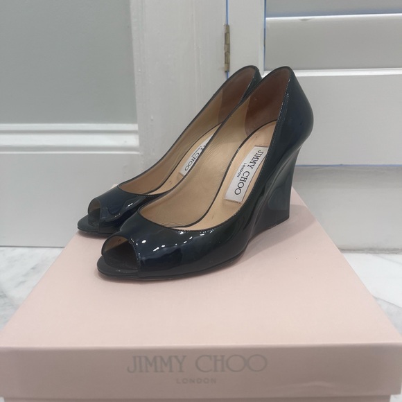 Jimmy Choo Baxen Navy Patent Leather Wedge Pumps 36.5 Box Dust Bag